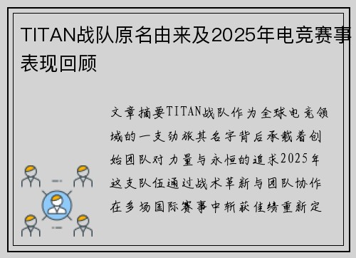TITAN战队原名由来及2025年电竞赛事表现回顾